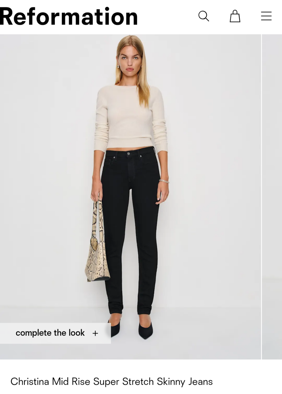 Reformation Christina Mid Rise Super Stretch Skinny Jeans Black Size 26 NWOT